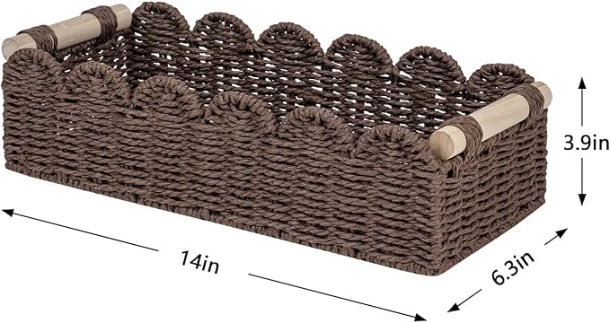 CubesLand Paper Rope Scalloped Edge Shelves Storage Basket, Woven Toilet Paper Baskets for Over Toilet Storage Shelf, Ending Table, Floating Shelves Organizing or Home Décor, with Wood Handle, Brown - Image 8