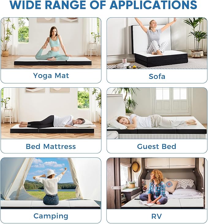 Folding Memory Foam Mattress, 3" Tri-Fold Queen Mattress Topper with Washable Cover, Non-Slip Portable Guest Floor Bed for Travel Camping