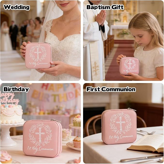 First Communion Travel Jewelry Box, Small Pink Case with Zipper & Soft Lining, Christian Keepsake Organizer for Rings Earrings Necklaces, Religious Keepsake Gift for Girls (1, Pink) - Image 7