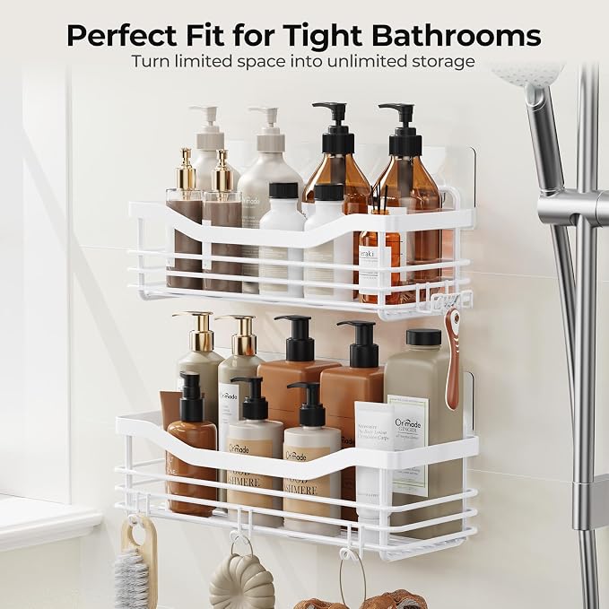 Orimade Shower Caddy Basket Shelf Storage Rack, No Drilling Wall Mounted Adhesive Rust Resistant Stainless Steel Shower Organizer with 5 Hooks for Bathroom, White 2 Pack - Image 9
