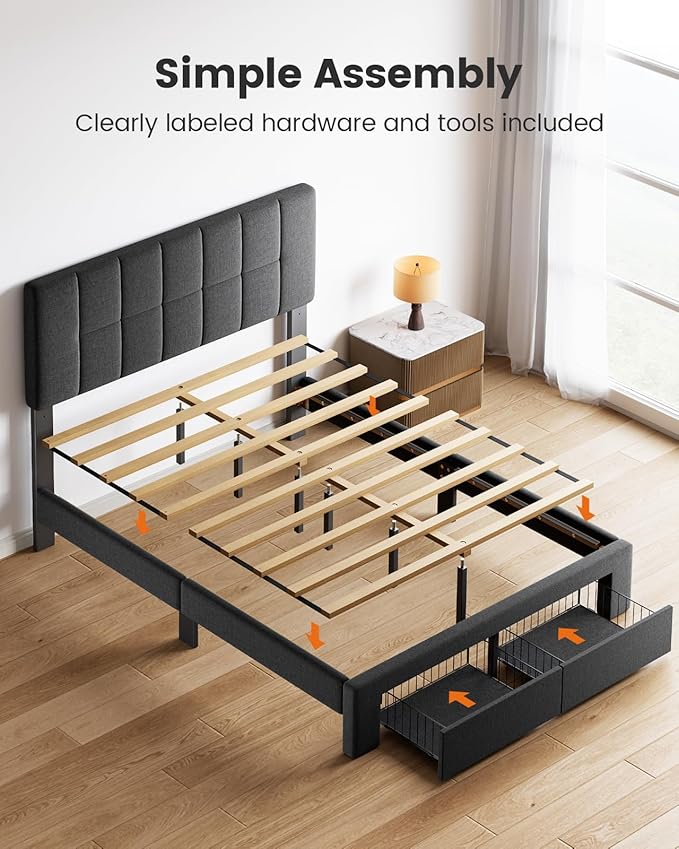 Pipishell Full Bed Frame with 2 Storage Drawers, 12 Sturdy Legs, Solid Wooden Bed Base with Upholstered Headboard for 6″ to 14″ Mattresses, 1300 lbs High Weight Capacity, Easy Assembly, Dark Gray