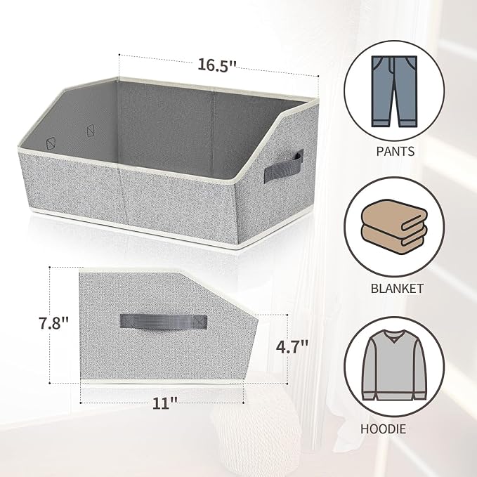 Homsorout Closet Organizers Bins 6 Packs - Large Closet Shelf Organizer with Handles, Fabric Trapezoid Storage Bins, Collapsible Storage Cubes for Clothes, Towels, Light Gray - Image 8
