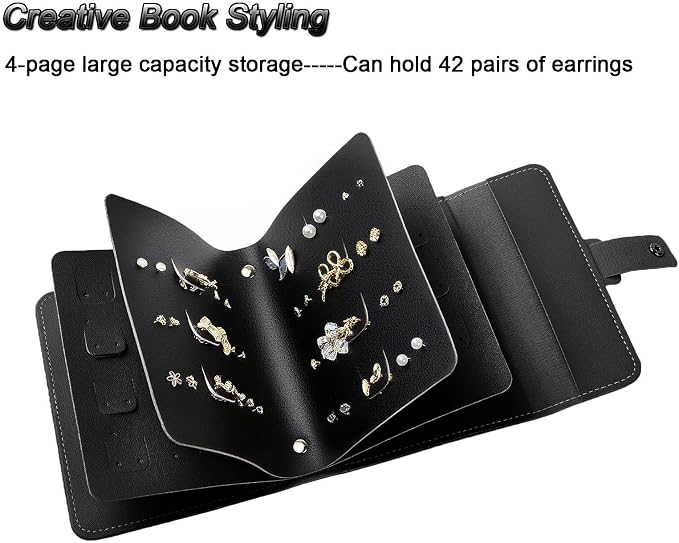LAKE OF FIRE Earring Holder Organizer with Foldable Book Design Book Organizer, Portable Pu Leather Travel Earring Case (Black) - Image 5