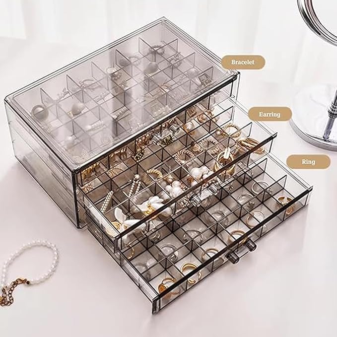 Earring Storage Box Organizer 3 Drawers Acrylic Jewelry Storage Box Holder Transparent Jewelry Display Stand with 72 Cells Gift for Women Girls - Image 7