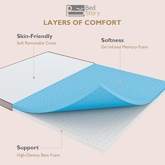 BedStory 3 Inch Mattress Topper Twin XL for College Dorm - Gel Memory Foam Bed Toppers with Breathable Removable Cover, CertiPUR-US Certified Comfort