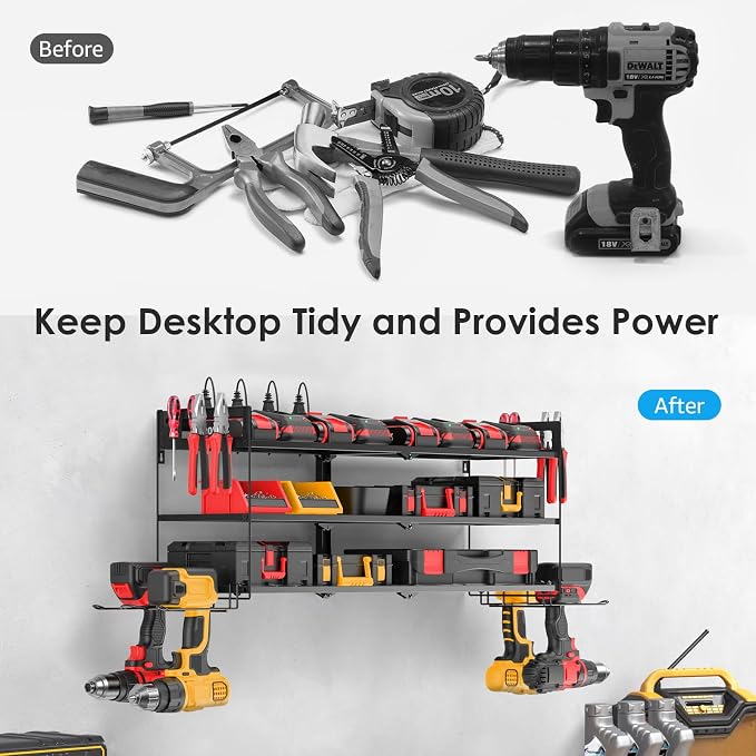 CCCEI Large Garage Tools Storage with Charging Station. Power Tool Battery Organizer Utility Shelf with Power Strip. 4 Drills Holder Wall Mount Rack, Black 3 Layer. - Image 7