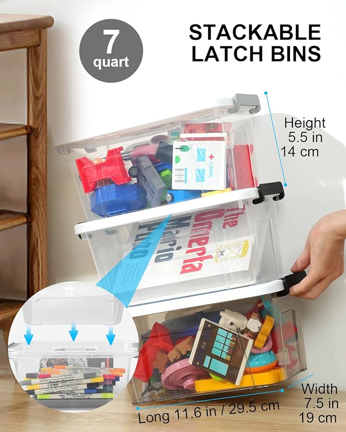 Plastic Storage Bins with Lids 6 Pack Storage Organizer, 7 Quart Stackable Storage Boxes with Buckle Lids and Handle easy for Home Office Pantry Organization, Clear