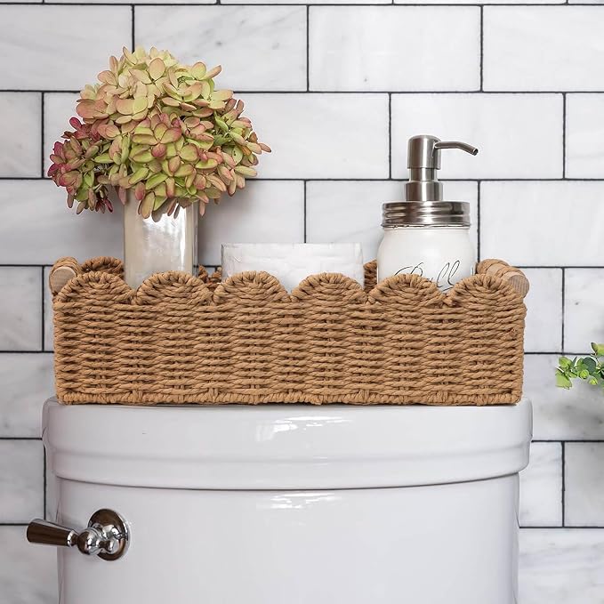 CubesLand Paper Rope Scalloped Edge Toilet Paper Storage Basket, Small Living Room, Bedroom Decor Baskets for Over Toilet Storage Shelf, End Table, Shelves and More, with 2 Wooden Handle, Neutral - Image 9