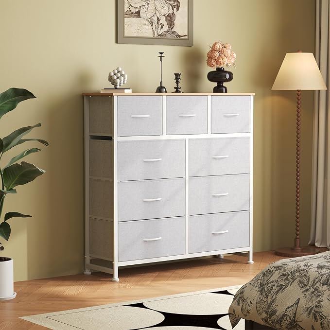 OLIXIS 9 Drawer Storage Dresser with Wood Top - Wide Fabric Chest Organizer for Bedroom, Closet, Living Room,Tower Cabinet, TV Stand, Hallway Entryway Furniture,Light Grey - Image 7