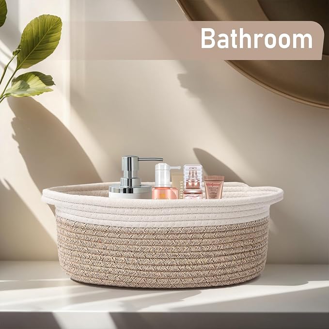 JMvicyroam Woven Basket,Small Rope Storage Bin with Handles & Ribbon Bag, Organizer for Shelves Closets,Gift Basket Empty for Birthday,Books,Dog Toys, White&Oatmeal - Image 8