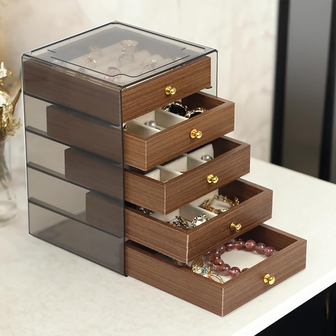 Fordonral Earring Jewelry Organizer Box with 5 Drawers, Plastic Jewelry Storage with Asjustable Velvet Trays, Multiple Display Holder for Earrings Ring Bracelet Necklace (Small-5-Drawer) - Image 6