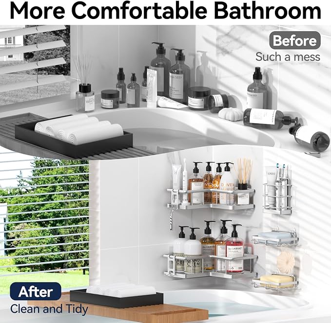 YASONIC Corner Shower Caddy Organizer, 5-Pack Self-Adhesive Rustproof Bath Shelves with Soap Holder & 4 Hooks, Large Capacity Shower Storage Rack for Bathroom Organization, Silver - Image 8