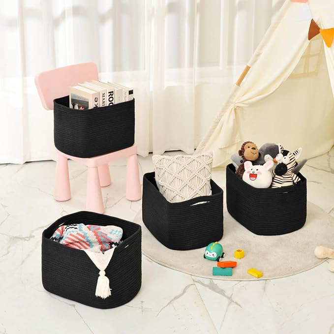 ICERZCZ Storage Baskets for Organizing & Shelves, Woven Cotton Rope Organization Bins for Dog Toys, Clothes, Books, Nursery Organizer, 15" Lx11''Wx9.5''H, (4 Packs) Black - Image 8