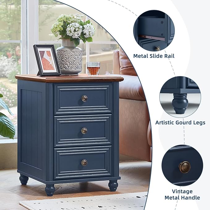 RWYHG 18" Farmhouse Night Stand, Blue Wood Nightstand with 3 Drawers, Bedside End Table with Storage and Roman Column, Bed Side Tables Cabinet for Bedroom, Living Room, and Closet