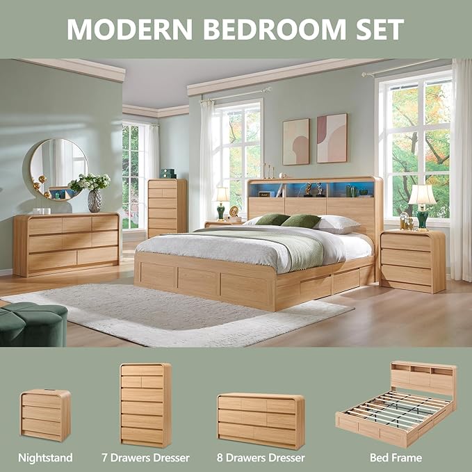 Aitjunz Modern 7 Drawers Dresser for Bedroom, 55" Tall Dressers & Chest of Drawers w/Curved Profile Design, Wood Mid Century Vertical Storage Dressers Organizer for Bedroom, Living Room, Natural Oak