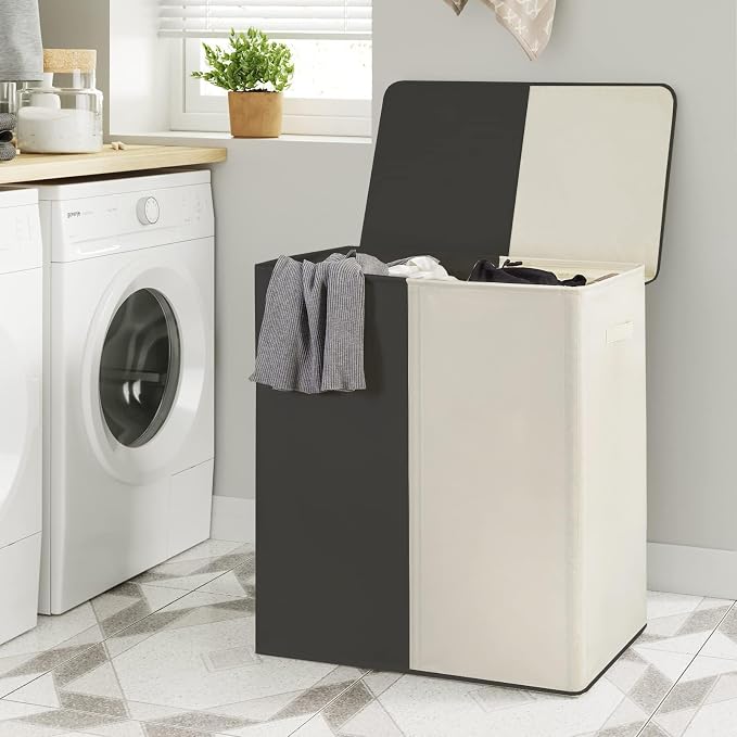 WOWLIVE Double Laundry Baseket with Lid and Removable Laundry Bags,154L Large Laundry Hamper 2 Section Collapsible Dirty Clothes Hamper for Laundry Room,College Dorm,Bathroom,Black and Beige - Image 7