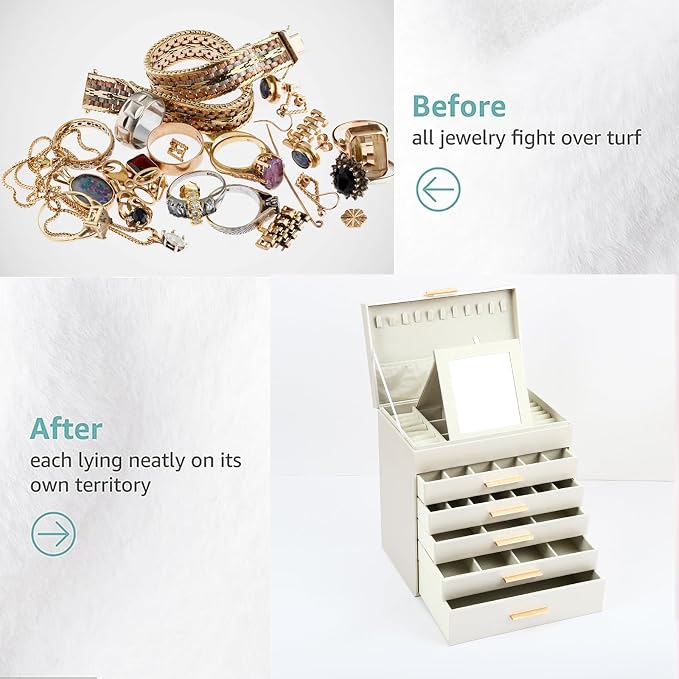 BOOVO Jewelry Boxes for Women, White and Black 6 Layer Large Jewelry Box for Necklace, Bracelet, Earrings, Rings Storage, Jewelry holder Organizer for Girls Gift (Champagne, 6 layer) - Image 7