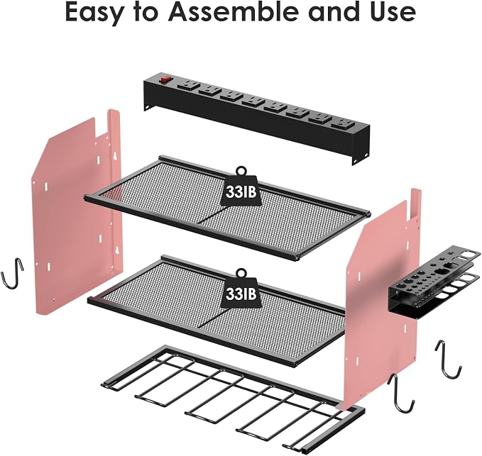 CCCEI Modular Power Tool Organizer Wall Mount with Charging Station. Garage Drill Storage Shelf with Hooks, Heavy Duty Rack, Tool Battery Holder Built in 8 Outlet. Gift for Men. Pink, 1 Pack. - Image 7