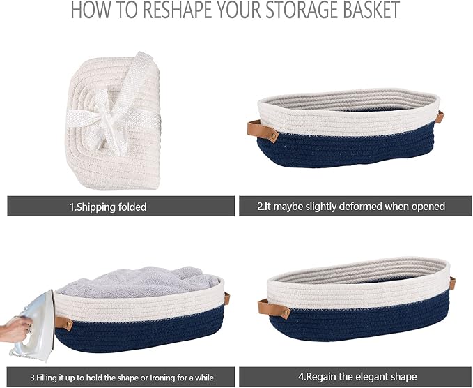 Set of 2 Toilet Basket,Woven Storage Basket for Toilet Tank Top Farmhouse Home Decor Organizing Baskets 13"x5.9"x4" Navy Stitching White - Image 7