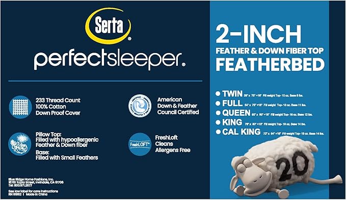 Serta Feather and Down Fiber Pillow Top Mattress Topper Full Size - 233 Thread Count 100% Cotton Mattress Pad Ultra Soft 2-Inch Support Feather Bed-White