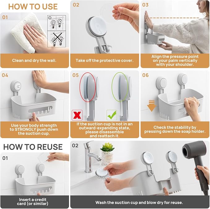 LEVERLOC Shower Caddy Suction Cup 2 Pack, Shower Organizer Removable Bathroom Shelf, Storage for Inside Shower Powerful Suction Max Hold 22lbs Waterproof Holder, Gray - Image 6