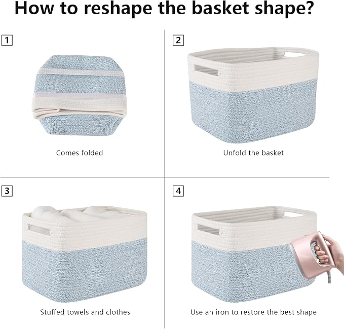 OIAHOMY 4 Pack Storage Baskets for Organizing, Basket for Shelves with Handle, Woven Baskets for Storage Toys, Towels, Books, Cotton Rope Basket 13" L x 9 " W x 7.8 " H, Light Blue & White - Image 7