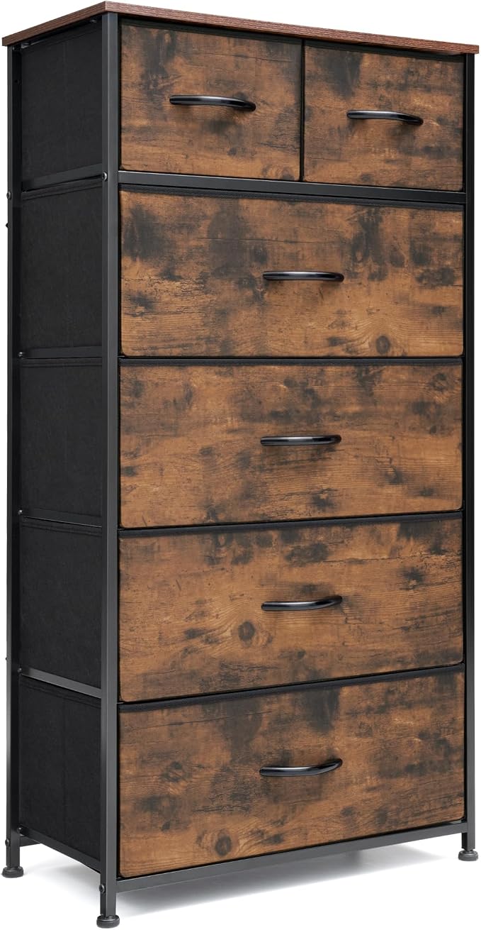 Fabric Dresser for Bedroom, Tall Skinny Dresser with 6 Drawers, Storage Organizer Tower, Steel Frame Wooden Top for Closet, Living Room, Hallway(Rustic Brown) - Image 9