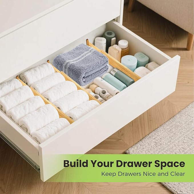 Fyvva Drawer Divider, Adjustable Bamboo Kitchen Drawer Organizer, Spring Loaded Drawer Organizer, Dresser Separators for Kitchen, Bathroom, Clothes, Office Desk Storage (Natural, 8 Pack Large) - Image 7