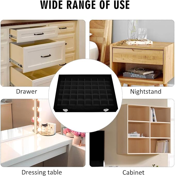 Siveit Velvet Jewelry Tray 48 Grid Jewelry Display Tray Organizer Box with Transparent Lid Rings Earrings Necklaces Pendants Display Box Suitable for Women and Girls (Black) - Image 7