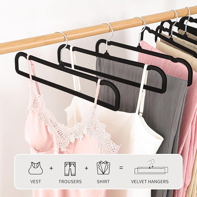 Velvet Hangers Non Slip - 20 Pack Pants Hangers for Closet - Thin Space Saving Clothes Hanger - Strong, Durable, Jean Perchas with 360 Degree Rotatable Hook for Tank Top (Black Silver Hook) - Image 7