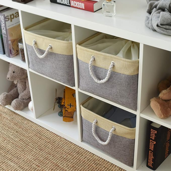 TheWarmHome Storage Bins Baskets for Organizing - Extra Jumbo 3 Pack 20.5Lx15.7Wx13.8H Sturdy Fabric Storage Basket for Shelves, Decorative Foldable Closet Nursery Toy (Gold&Grey) - Image 9