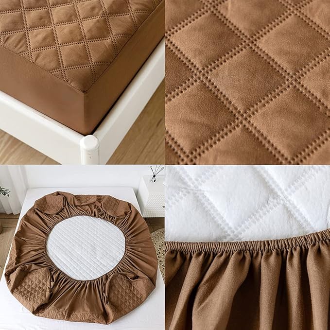 vctops Quilted Fitted Sheet Waterproof Mattress Protector Pad Ultra Soft Elastic Fitted Deep Pocket Bed Cover (Coffee,King)