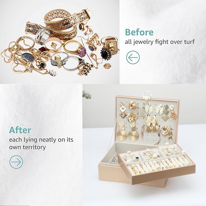 BOOVO Earring Jewelry Box For Women Girl Stud Organizer, 4 Layers Girl Jewelry Organizer Box With Lock Earring Holder Organizer Necklace Ring Jewelry Organizer Box For Girls (Champagne, 4 layer) - Image 5