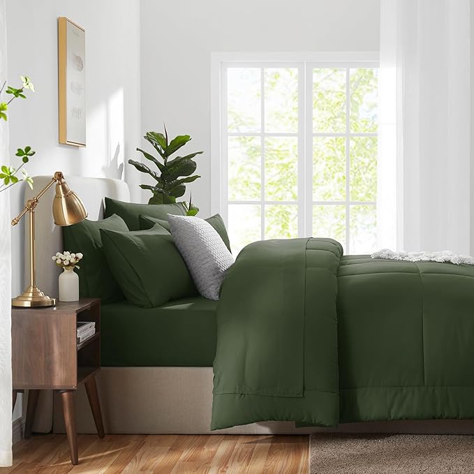 CozyLux Queen Comforter Set Olive Green, 7 Pieces Bed in a Bag, Green Comforters Queen Size, All Season Bedding Sets with Stitch Quilted Comforter, Flat Sheet, Fitted Sheet, Pillowcases