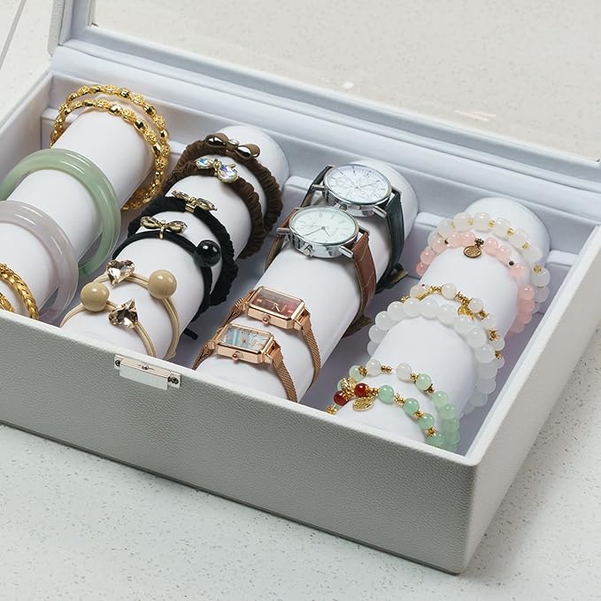 Bracelets Organizer Rods Bangles Display Holder, Clear See through Lid Leather Velvet Jewelry Storage Box Case for Women, 4 Rods White Leather - Image 9