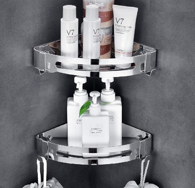 NearMoon Bathroom Corner Shelf Shower Caddy 2 Pack, No Drill 304 Stainless Steel Shower Organizer with 2 Hooks (Chrome) - Image 7