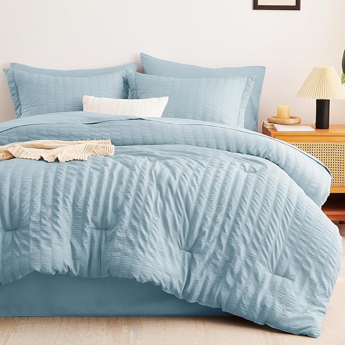 CozyLux Queen Comforter Set Light Blue Seersucker 7 Pieces Bed in a Bag Queen Comforter Set with Sheets, Luxury Soft Bedding Set with Down Alternative Comforter, Sheets, Pillowcases & Shams All Season