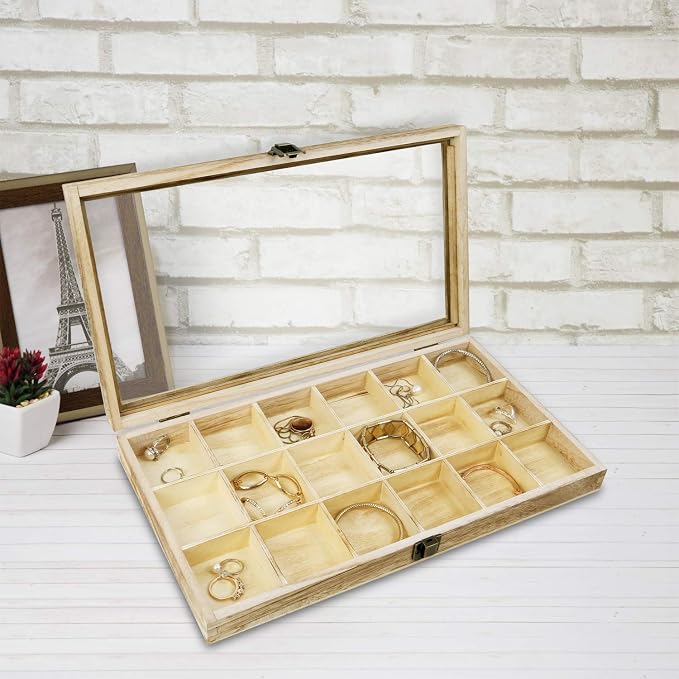 Mooca Wooden Display Storage Case with Tempered Glass Lid for Jewelry and Beads with 18 Compartments Tray, Oak Color, 15" W x 8 3/4" D x 2" H - Image 7
