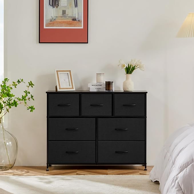 Sweetcrispy 7 Drawer Dresser with Fabric Bins Fabric Storage Tower Organizer for Bedroom Closet Hallway Entryway Tall Chest of Drawers with Steel Frame Wood Top Easy Pull Handles,Black - Image 8