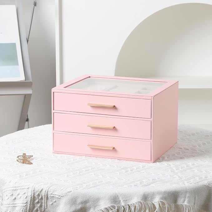 Frebeauty Clear Lid Jewelry Box,3-Layer Jewelry Organizer with Drawer,PU Leather Jewelry Organizers and Storage,Jewelry Boxes for Women,Jewelry Storage for Rings Earring Stud,Gift for Women(Pink) - Image 6
