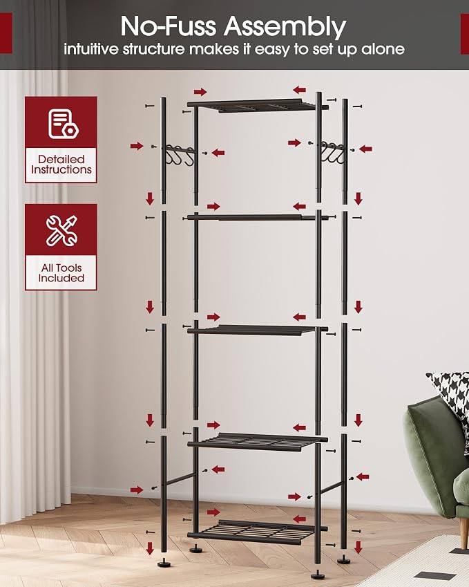 Sakugi Storage Shelves - 5-Tier Large Capacity Shelf Organizer with Hooks, Heavy-Duty Garage Shelving with Leveling Feet, Wobble-Free Rack for Bedroom, Balcony, Garage, 18.1"×12.4"×56.8", Black - Image 9