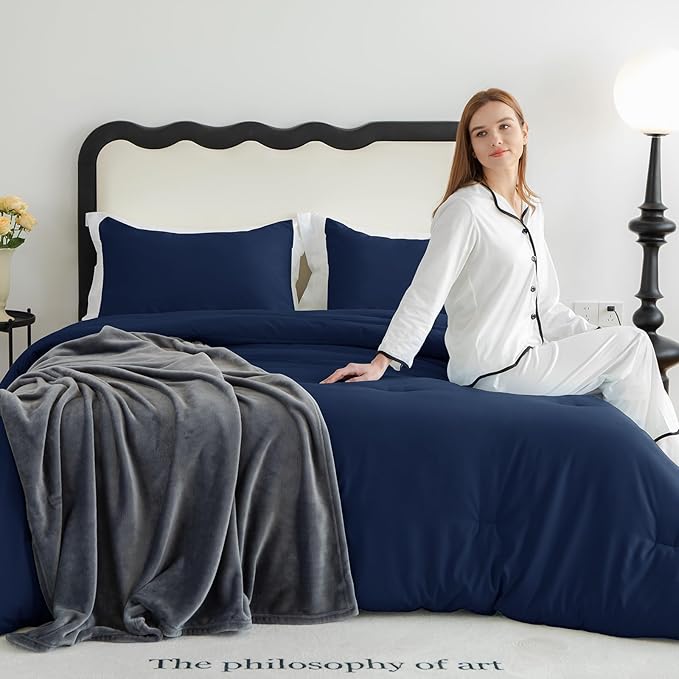 CozyLux Queen Comforter Set Navy Blue, 3 Pieces Solid Comforters Queen Size Breathable Bedding Sets, Luxury Soft Lightweight Bed Set with Down Alternative Comforter and 2 Pillowcases for All Seasons