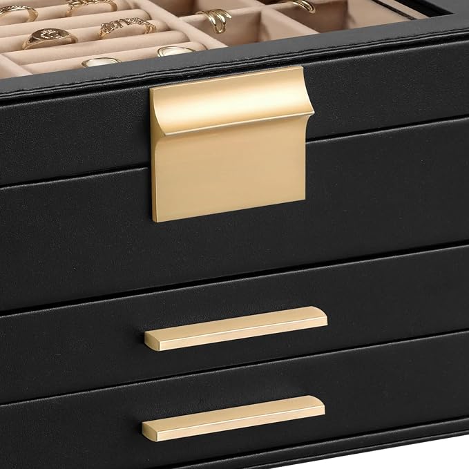 Somduy Jewelry Box Organizer for Women,3 Layers Jewelry Storage Display Box with Glass Lid,Gift for Christmas,3 Drawers,Large Capacity for Necklace Earrings Bracelets Rings,Black - Image 8