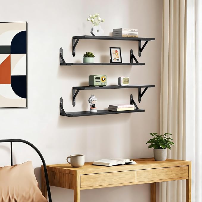 ROMGUAR CRAFT Wood Floating Shelves Set of 4, Rustic Storage Decor Wall Shelves, Wall Mounted Shelf for Living Room, Bedroom 23.6" x 6", Black - Image 7
