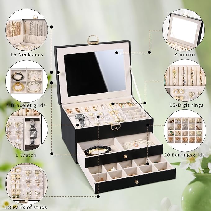 3 Layer Jewelry Boxes for Women with Mirror Large Jewelry Holder Organizer with 2 Jewelry Organizer Drawer PU Lockable Elegant Unique Gifts for Women, Black - Image 8