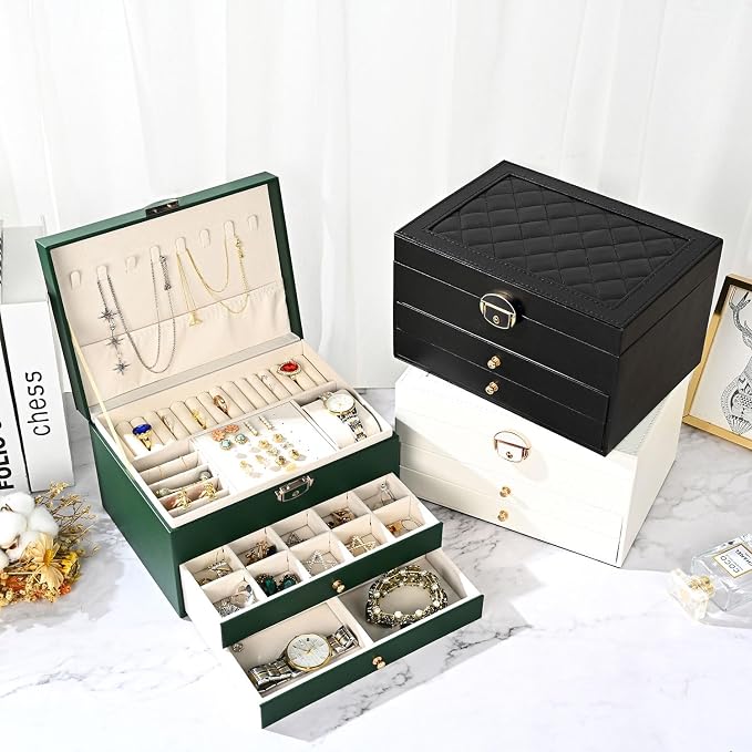 GUOER Jewelry Box for Women Girl Wife 3 Layers Large PU Leather Jewelry Organizer Storage Case with Two Layers Display for Earrings Bracelets Rings Watches (Green) - Image 6