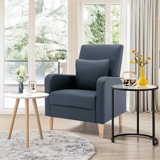 COLAMY Modern Upholstered Accent Chair Armchair with Pillow, PU Leather Reading Living Room Side Chair,Single Sofa with Lounge Seat and Wood Legs, L-Blue
