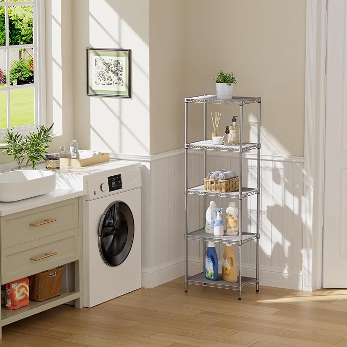 SINGAYE 5 Tier Shelf Wire Shelving Adjustable Storage Shelves Rack Standing Units for Kitchen Closet Laundry Bathroom Organizers Metal Pantry Narrow Mesh Gaps 10" D x 16" W x 55" H Gray - Image 9