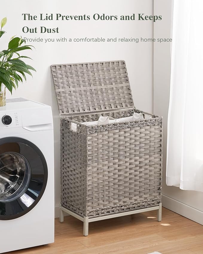 SETVSON Laundry Hamper with Lid, 112 L Handwoven Rattan Wicker Laundry Basket, 2 Removable Liner Bags Metal Heightened Feet, 6 Mesh Bags, 2 Section Large Clothes Hamper for Bathroom Bedroom, Gray - Image 7