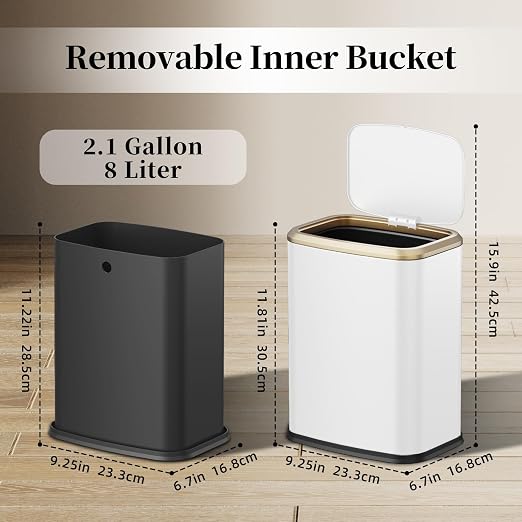 2.1 Gallon Bathroom Trash Can with Lid Press Top, 8 Liter Stainless Steel Garbage Can with Press Type Lid, Slim Trash Bin Waste Basket for Toilet, Office, Bedroom, Living Room (White) - Image 7